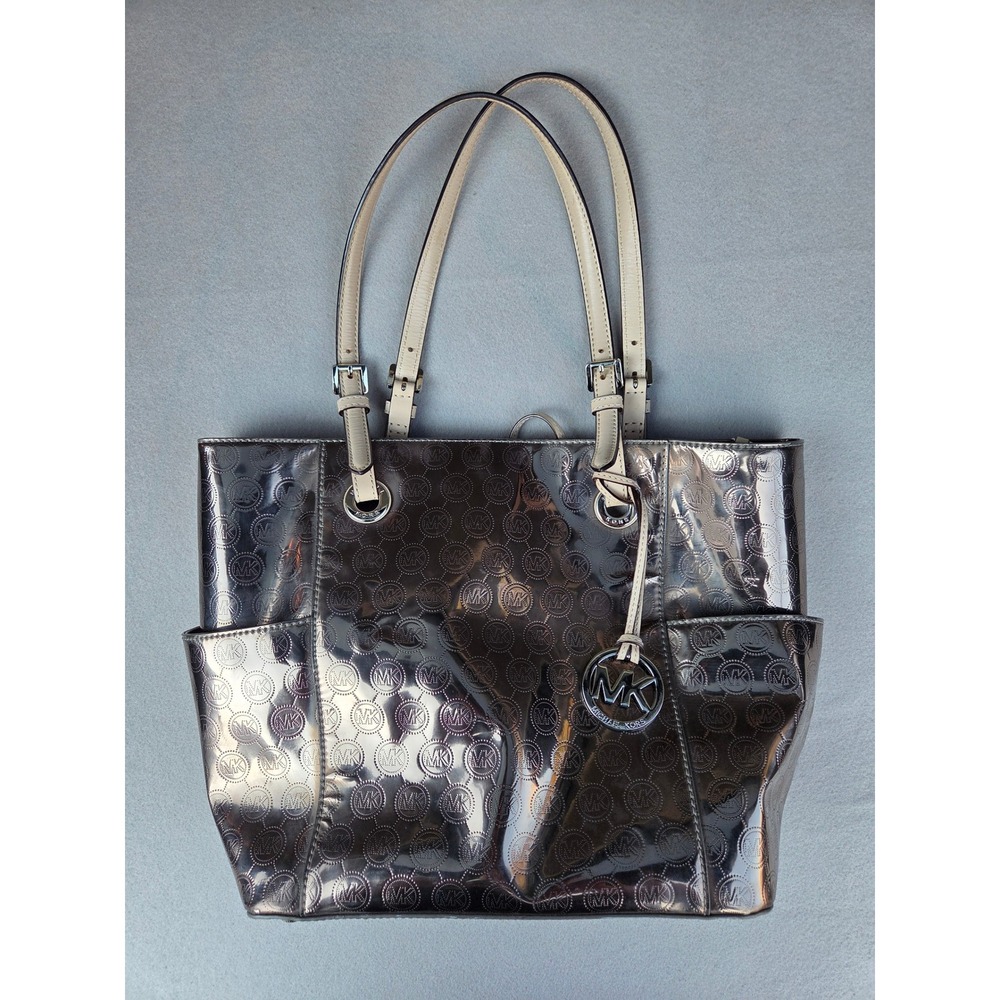 Michael Kors Jet Set Metallic Pewter Logo Embossed Tote Bag Silver Hardware
